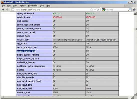 phpinfo mostrando magic_quotes_gpc desactivado