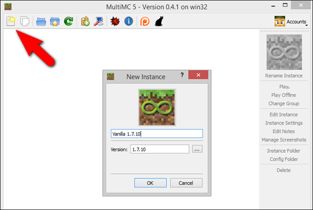 Создание нового инстанса в MultiMC
