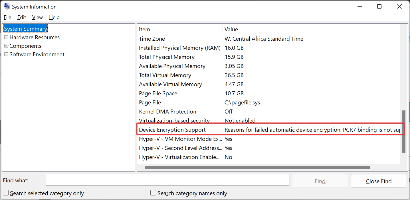 Поле причины ошибки автоматического шифрования устройства в Сведениях о системе