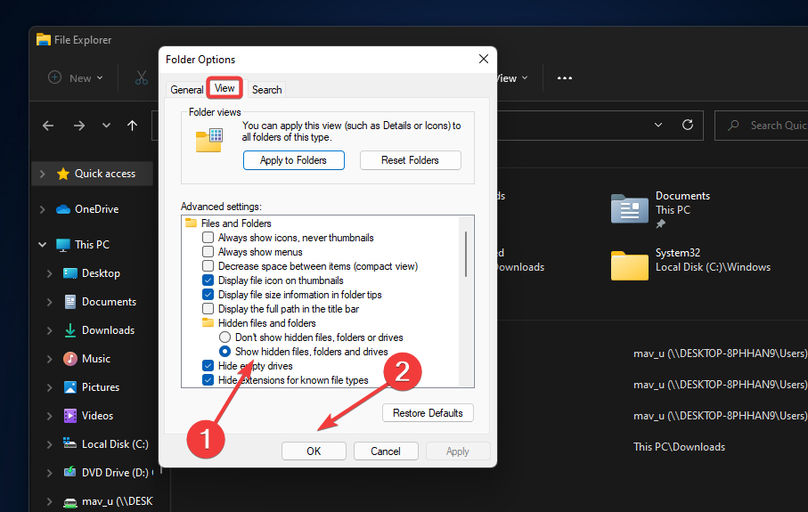 Опция показа скрытых файлов в Параметрах Проводника