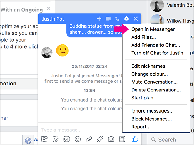 Открыть чат в веб‑варианте Messenger через пункт Опции
