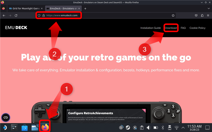 Откройте сайт EmuDeck в Firefox и нажмите кнопку скачивания в правом верхнем углу