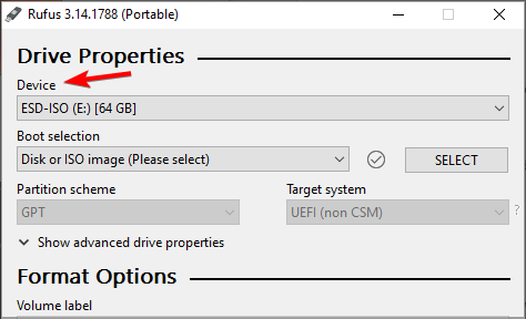 Выбор устройства в Rufus