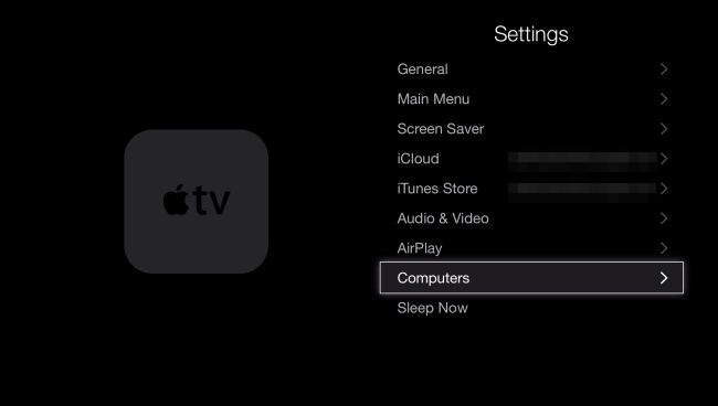 Включение Home Sharing в настройках Apple TV