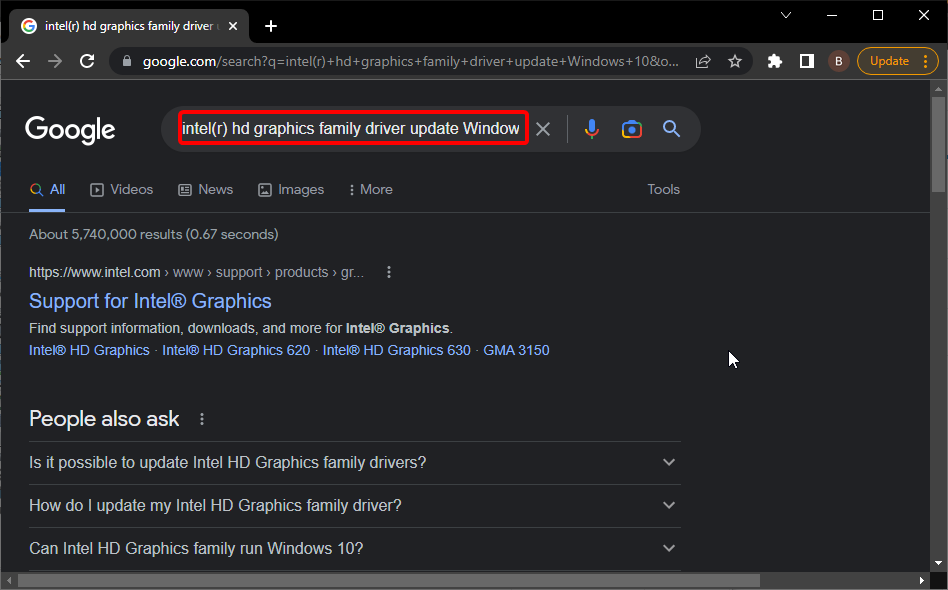 Поиск обновления драйвера в Google — пример запроса 'драйвер для видеокарты'