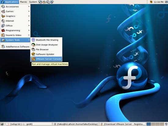 Пункт меню VMware Server в разделе Системные инструменты