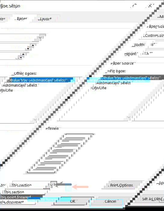 Меню Применить к в параметрах страницы Word на Windows