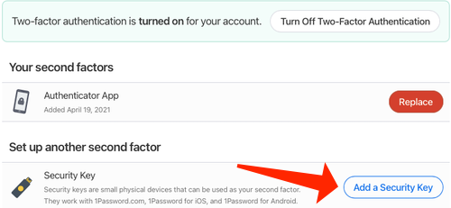 Кнопка «Добавить ключ безопасности»