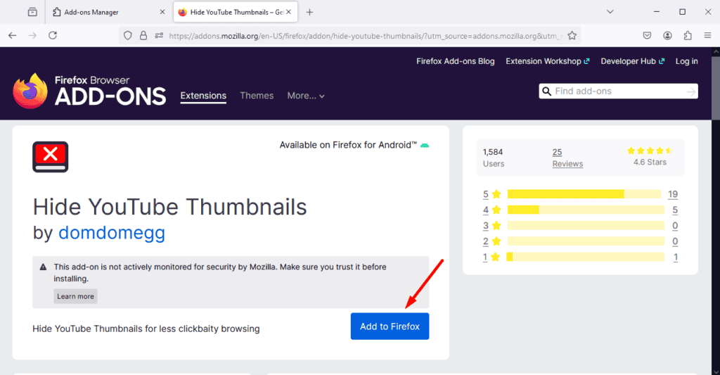 Кнопка Добавить в Firefox для расширения