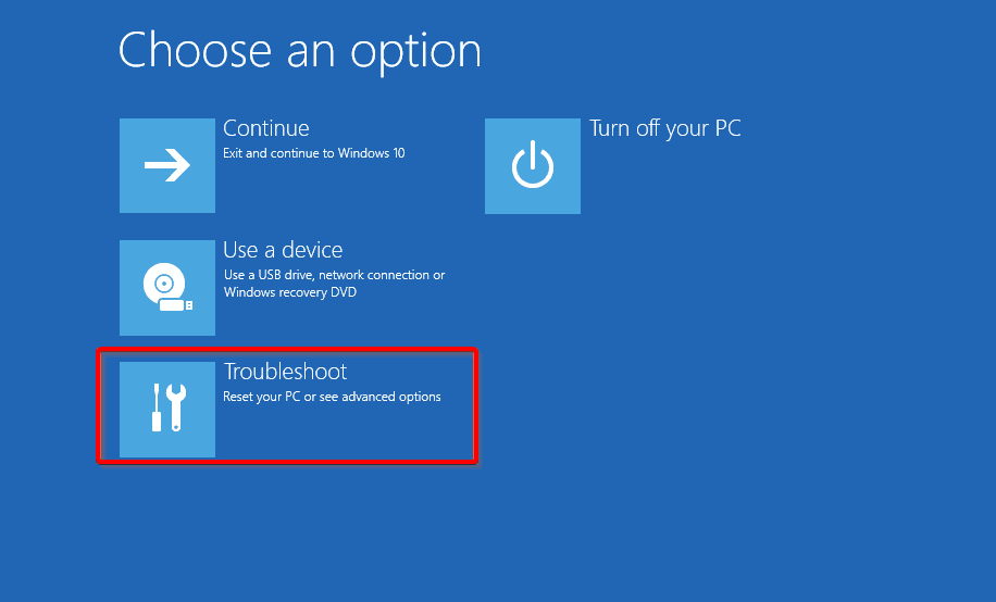 Экран 'Устранение неполадок' при перезагрузке