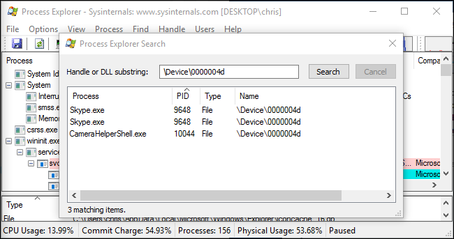Результаты поиска Process Explorer — процессы, использующие веб-камеру
