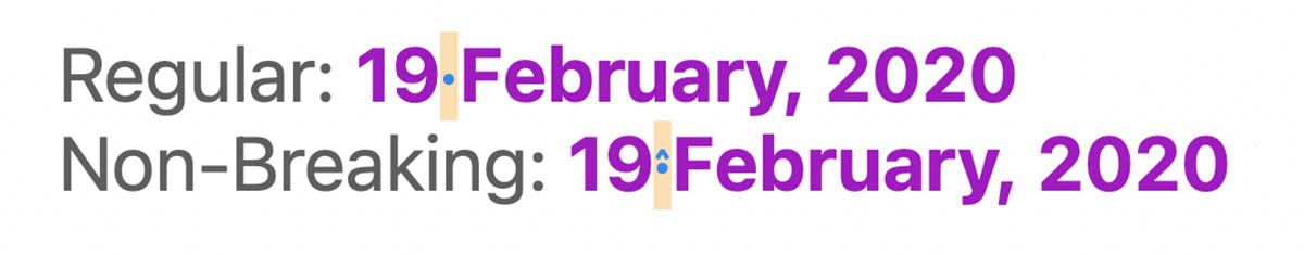 Различие символов обычного и неразрывного пробела в увеличении