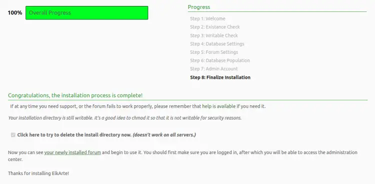 Панель управления администратора ElkArte после установки