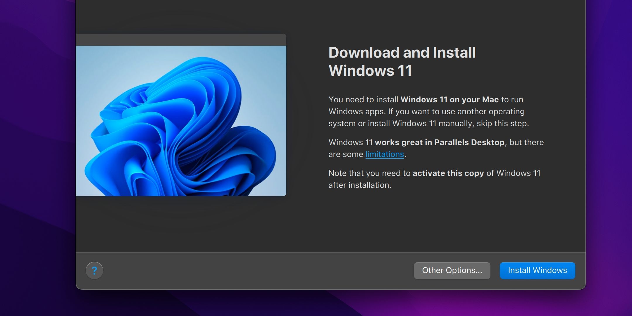 Parallels Desktop Windows 11 download recommendation screen