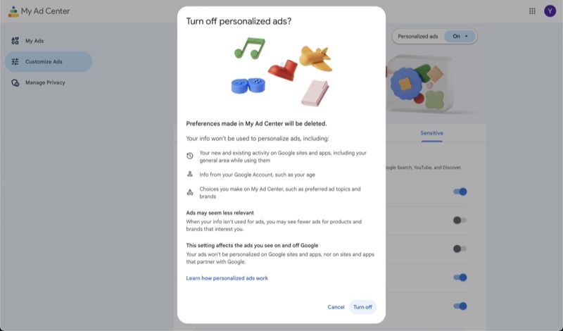 Отключение персонализированных объявлений в My Ad Center — скриншот