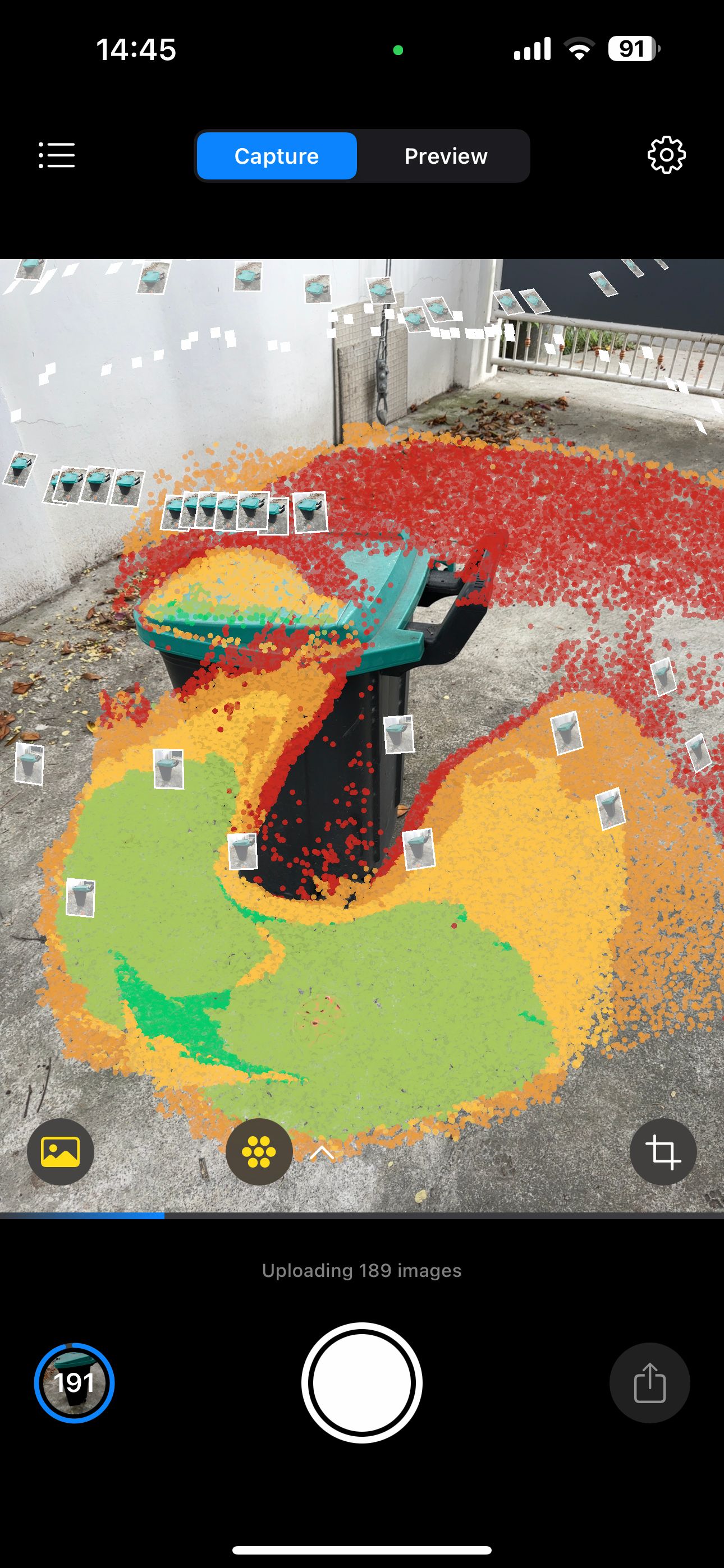 trash can with point cloud data for 3D photogrammetry capture