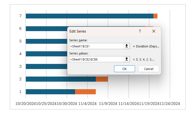 Диалог добавления ряда: ввод длительности задачи