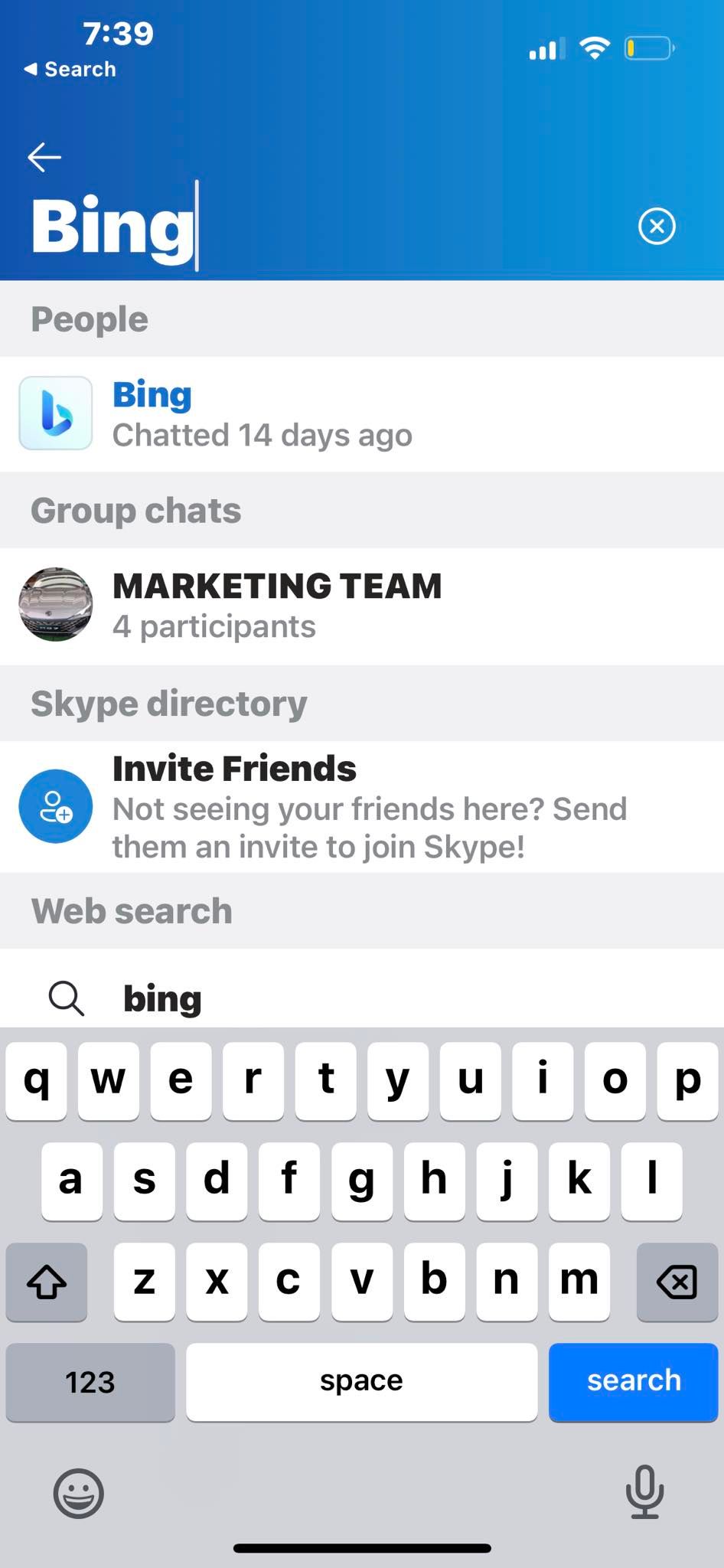 Searching for the Bing Chat Profile on Skype Mobile