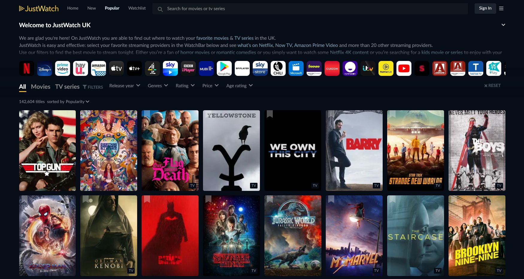 интерфейс сайта JustWatch с фильтрами