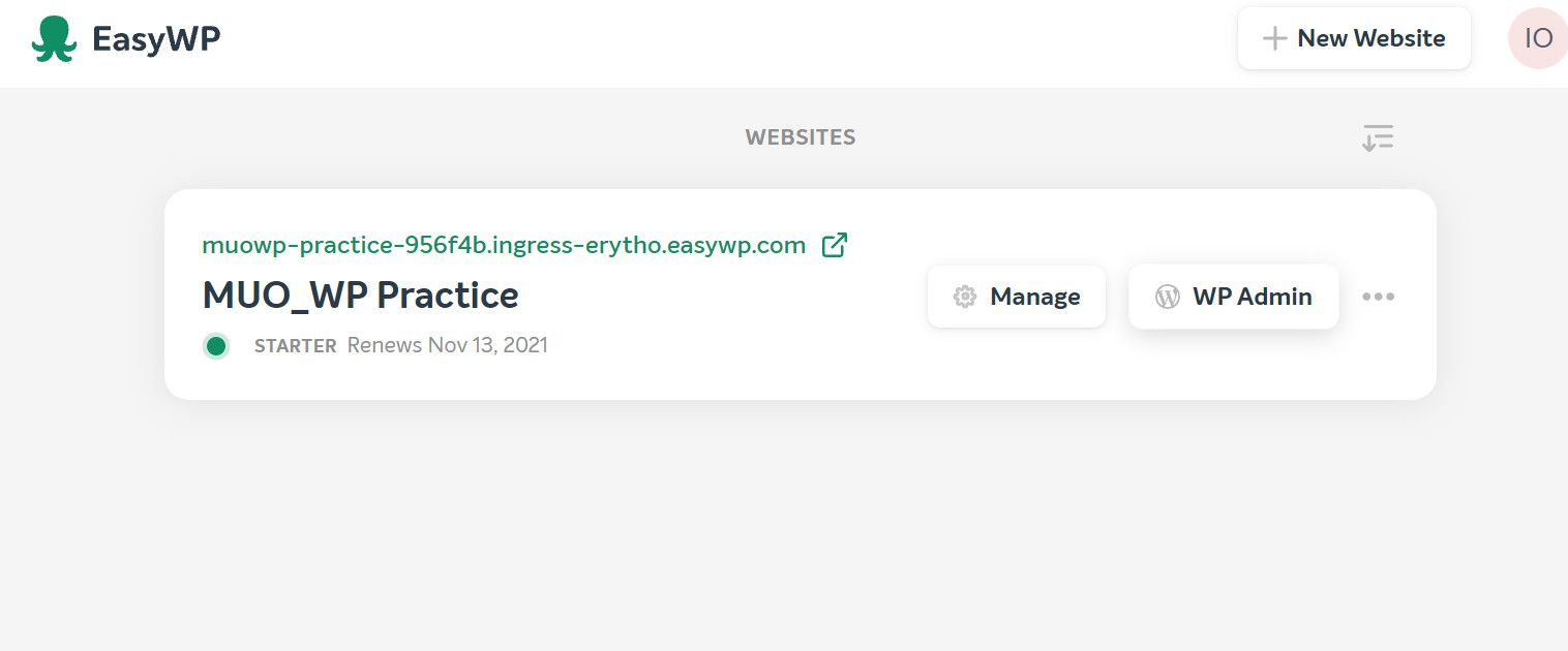 Панель EasyWP после создания сайта