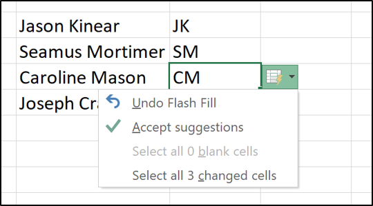 Кнопка отмены действия Flash Fill