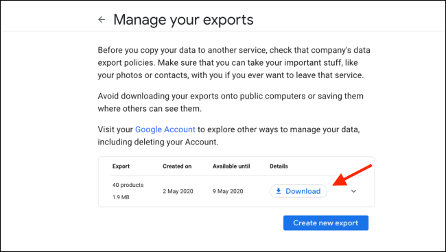 Нажмите «Скачать», чтобы сохранить данные Google через Google Takeout