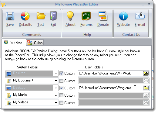 Интерфейс PlacesBar Editor, вкладка Windows
