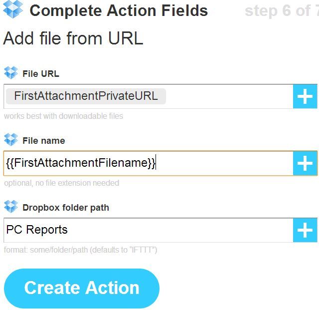 Выбор действия 'Add file from URL' в IFTTT для Dropbox