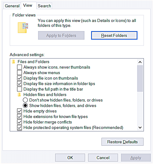 Вкладка Вид в свойствах папки