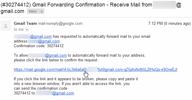 Письмо подтверждения пересылки в Gmail