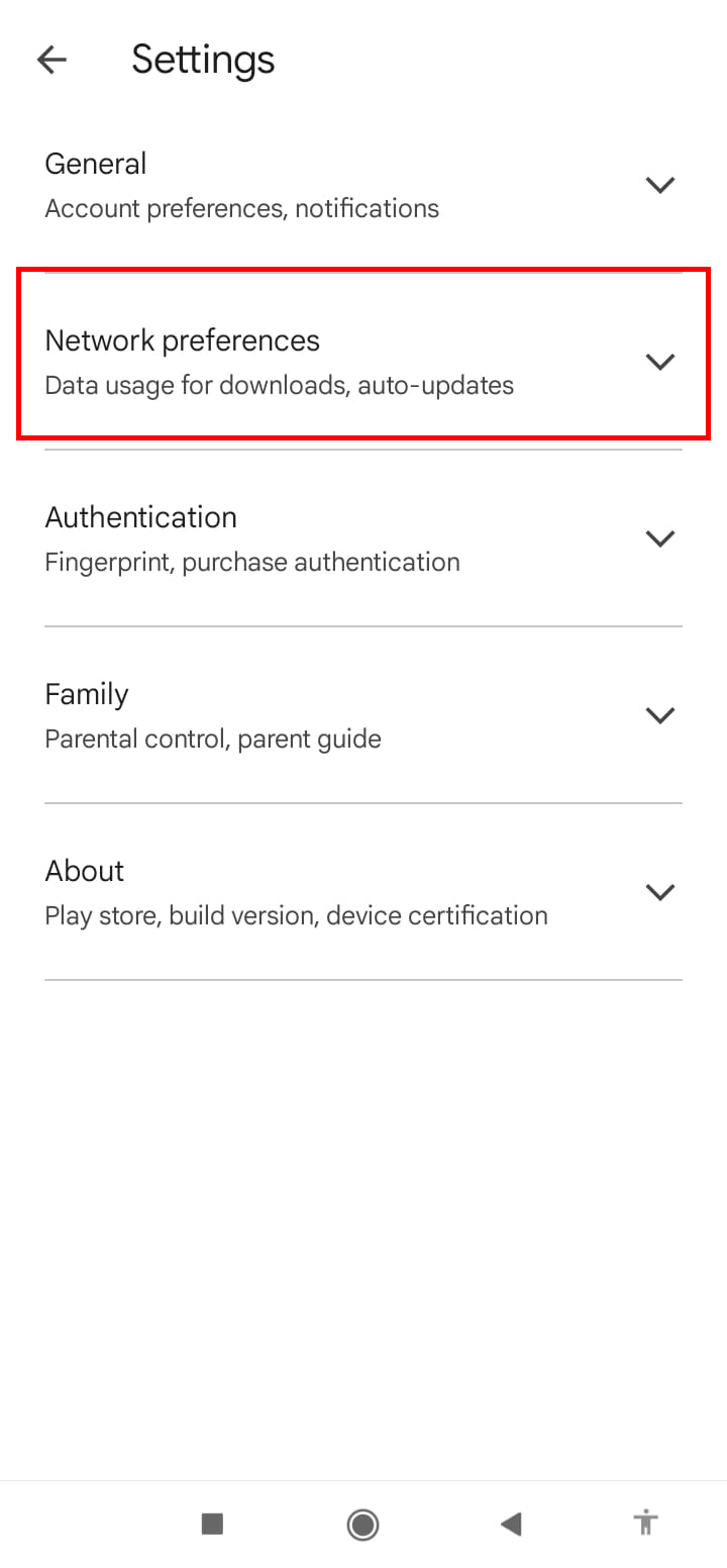 Выделены сетевые настройки в Google Play Store.