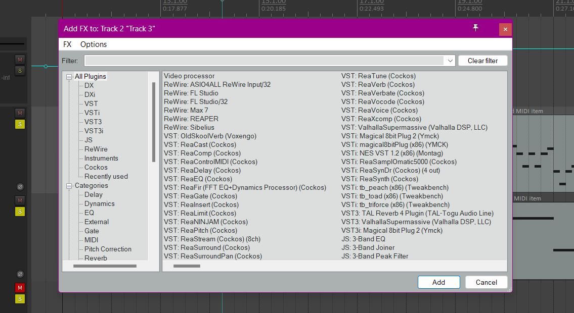 Список VST-плагинов в REAPER