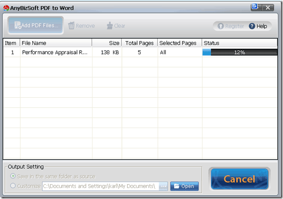 Процесс конвертации и индикатор выполнения