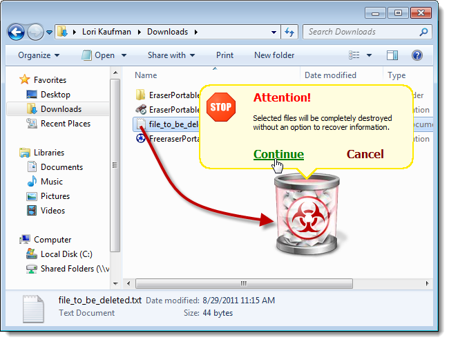 Перетаскивание файла в окно Freeraser для безопасного удаления