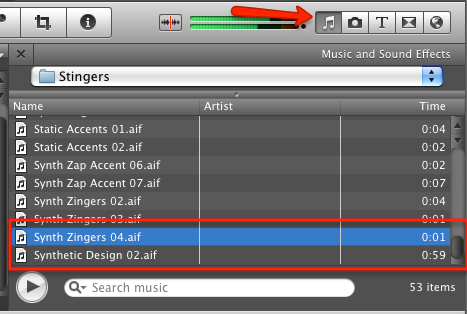 Выбор 'Music and Sound Effects' в iMovie