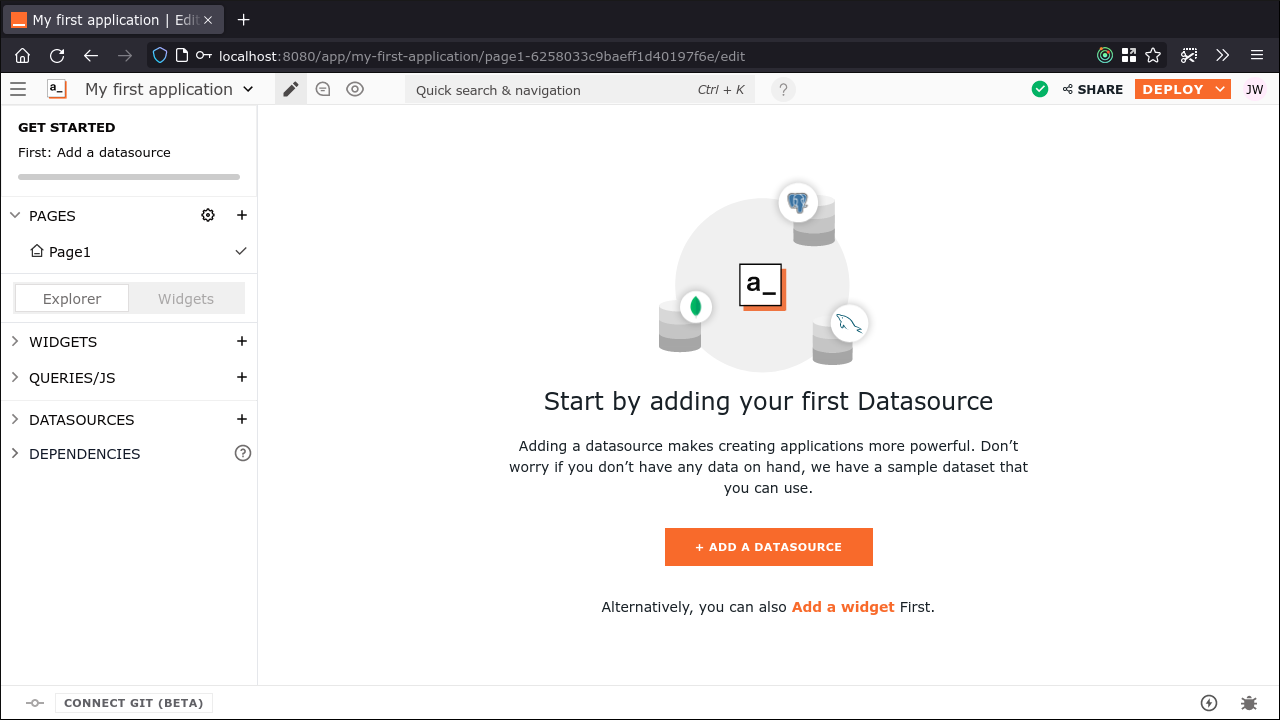 Скриншот пустого приложения Appsmith
