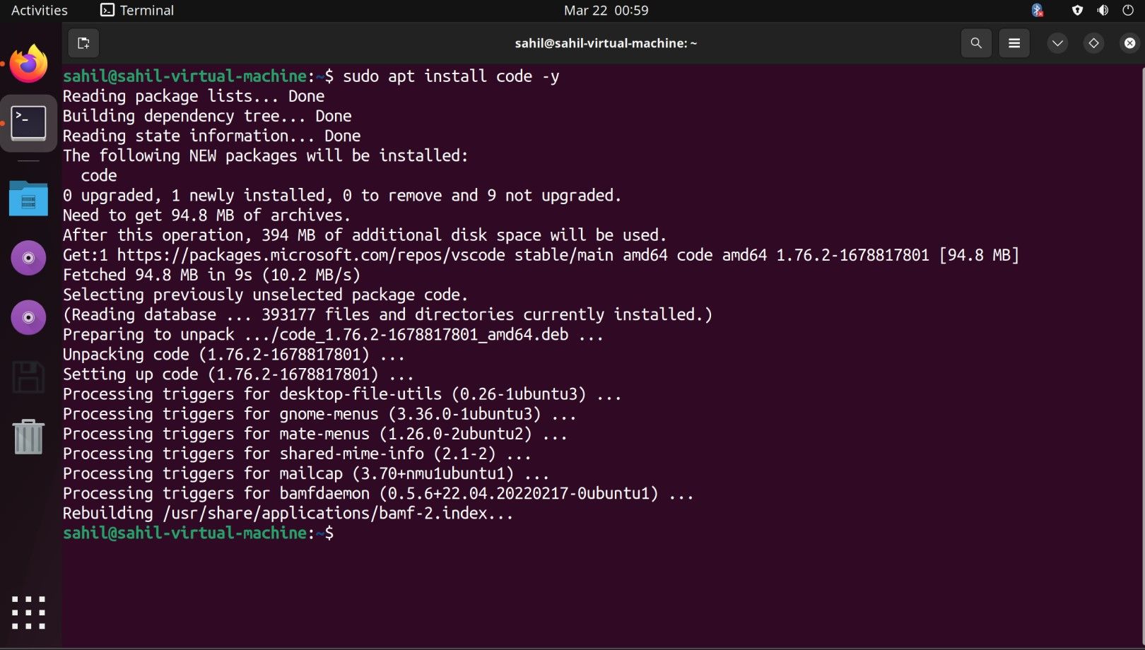 Терминал Ubuntu с фрагментами кода