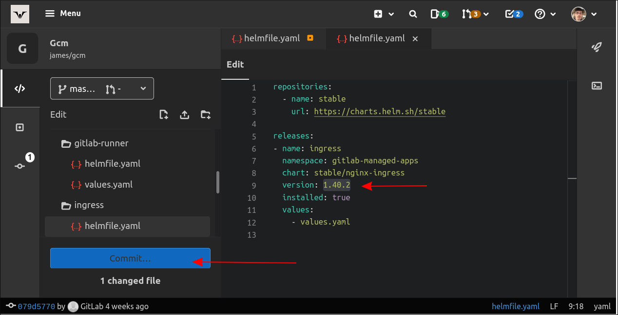 Скриншот редактирования helmfile.yaml в проекте управления