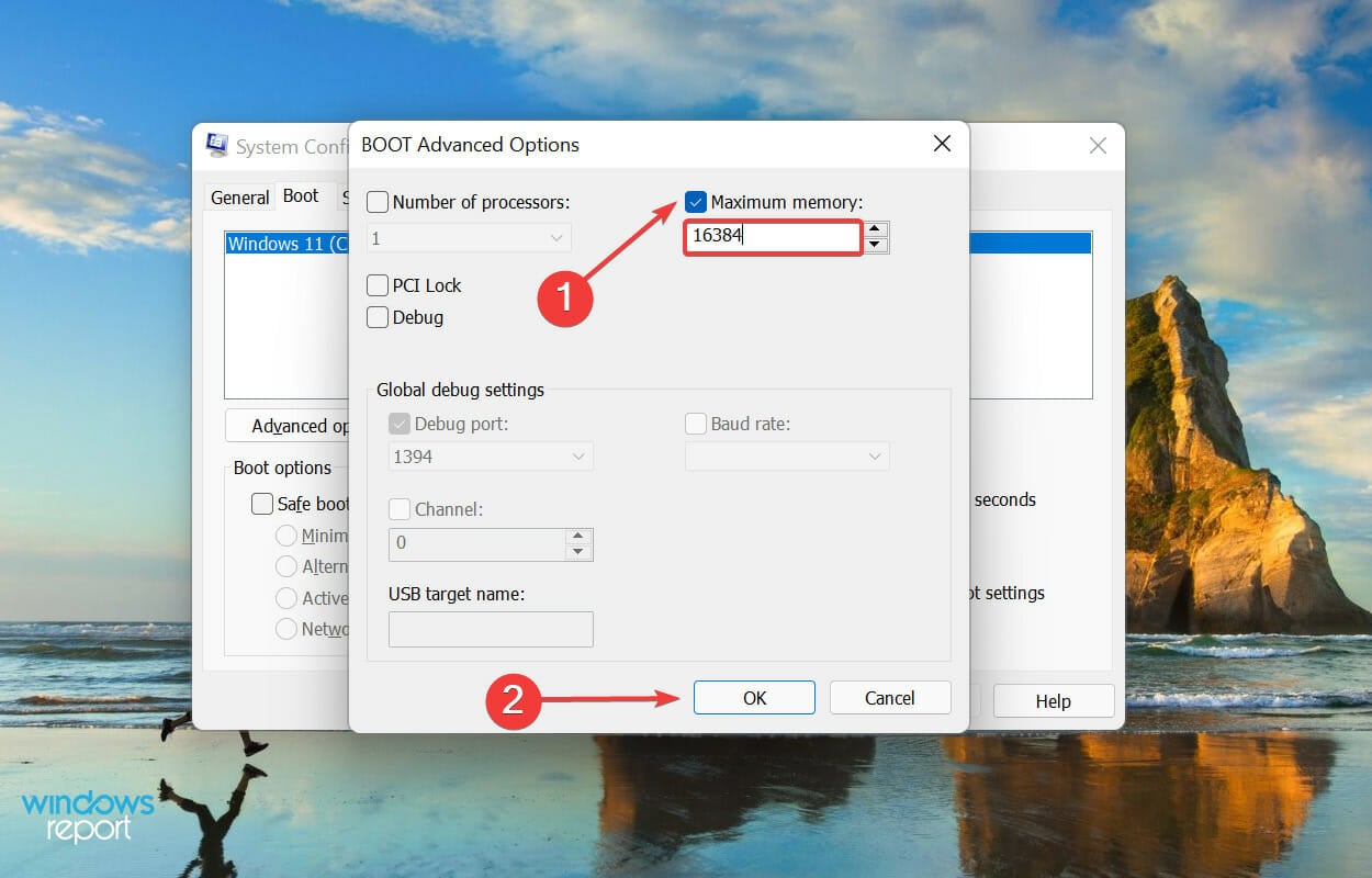 Установите Максимальную память и введите значение