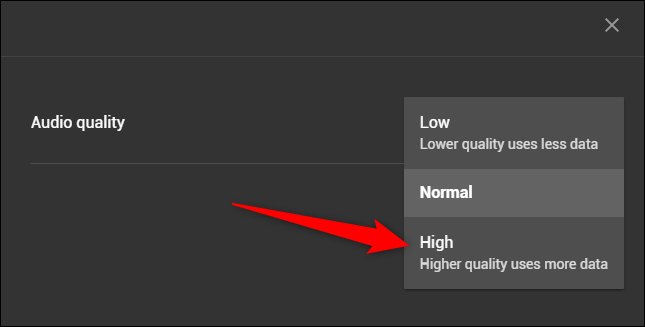 Выбор опции «High» в веб‑интерфейсе YouTube Music