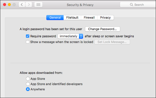 Опция «Везде» в настройках безопасности