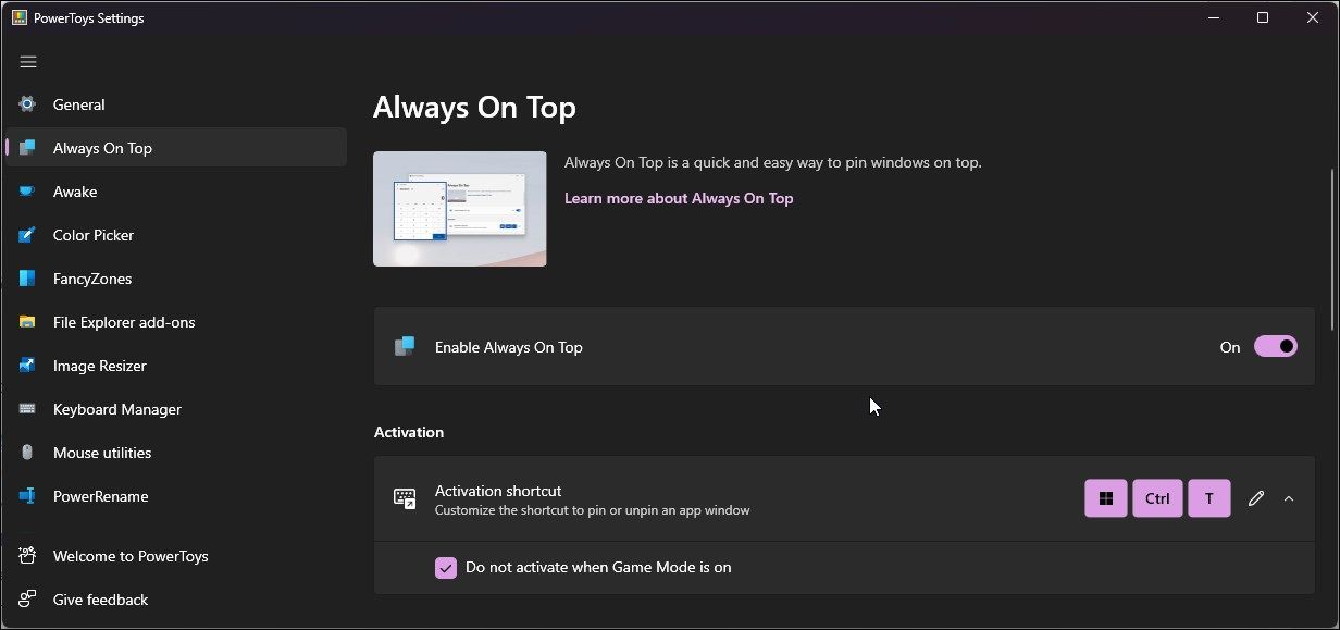 PowerToys вкладка Always on Top