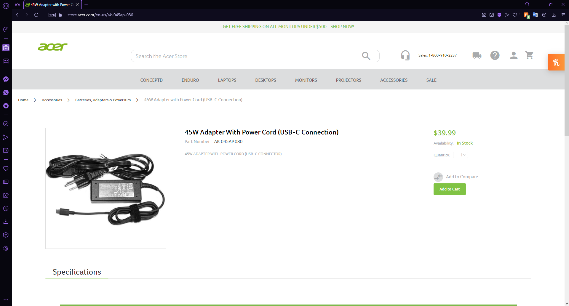 Адаптер питания Acer — наклейка с напряжением и силой тока.