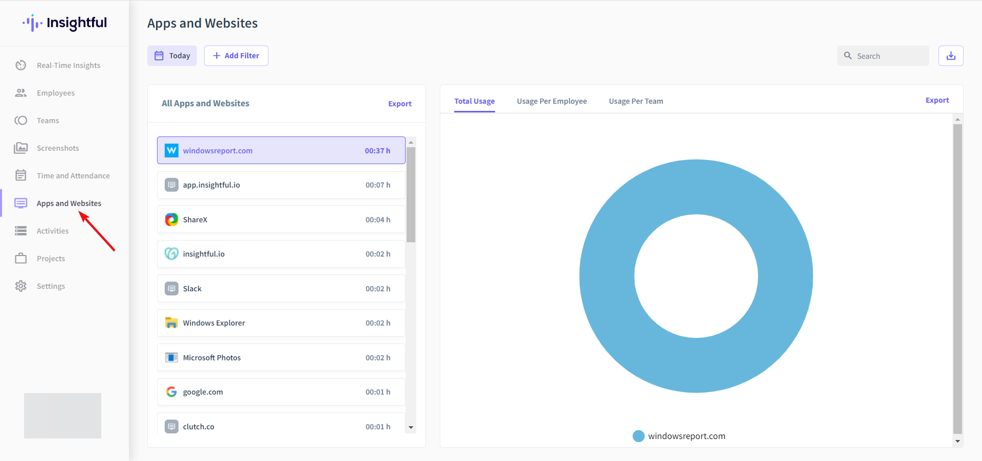 Вкладка «Приложения и сайты» с перечнем использованных приложений и доменов