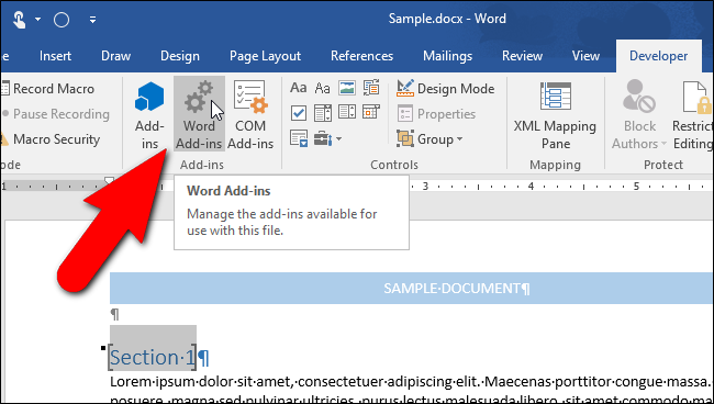 Открытие раздела Надстройки Word в разделе Надстройки