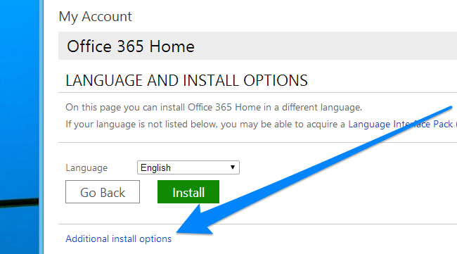 Ссылка 'Дополнительные параметры установки' под основной кнопкой Установить