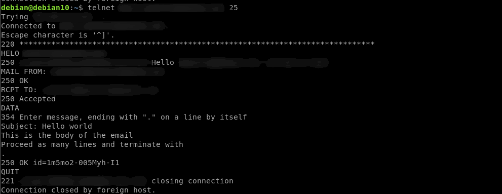 Отправка через telnet: составление письма