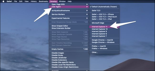Меню Develop > User Agent с вариантами браузеров