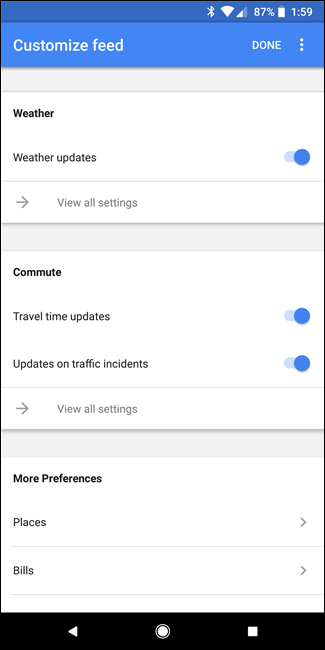 Персонализированные настройки: Погода, Время в пути и др.