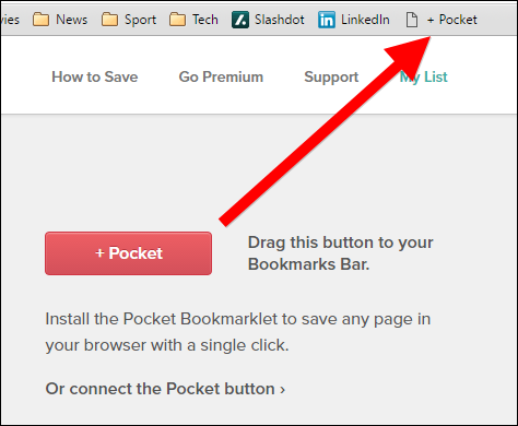 Кнопка-закладка Pocket для добавления в панель закладок браузера